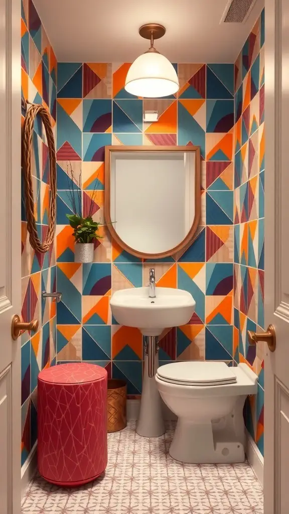 29+ Stunning Half Bath Wallpaper Ideas to Transform Your Space 7 A half bath featuring bold geometric wallpaper in blue, orange, and pink, with a modern sink and round mirror.