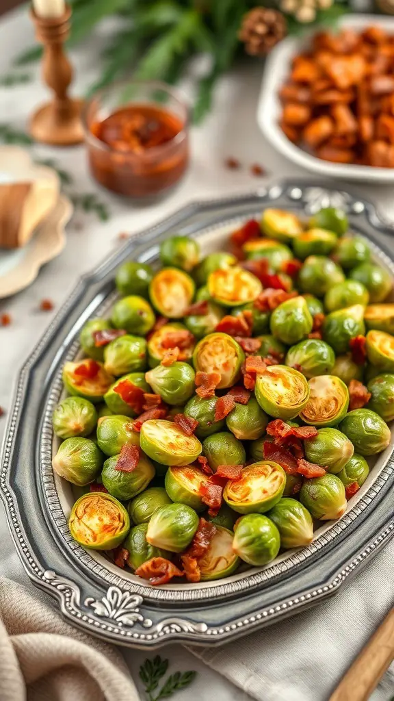 25+ Must-Try Thanksgiving Side Dishes You Need This Year 3 A platter of maple glazed Brussels sprouts topped with crispy bacon bits.
