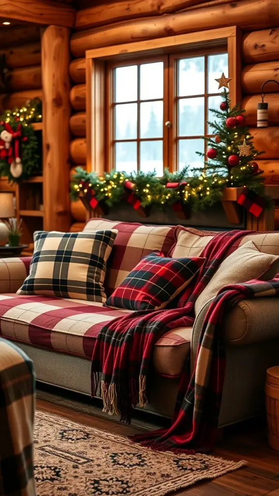 Cozy cabin living room with plaid textiles on a sofa, decorated for Christmas