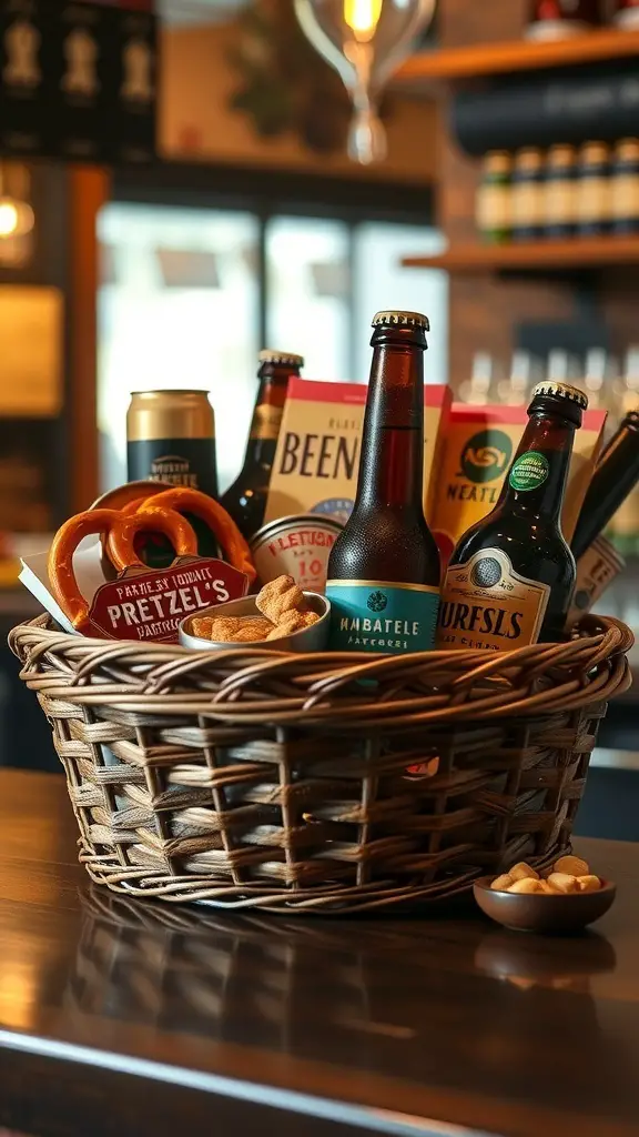 A woven basket filled with craft beer bottles, pretzels, and snacks.