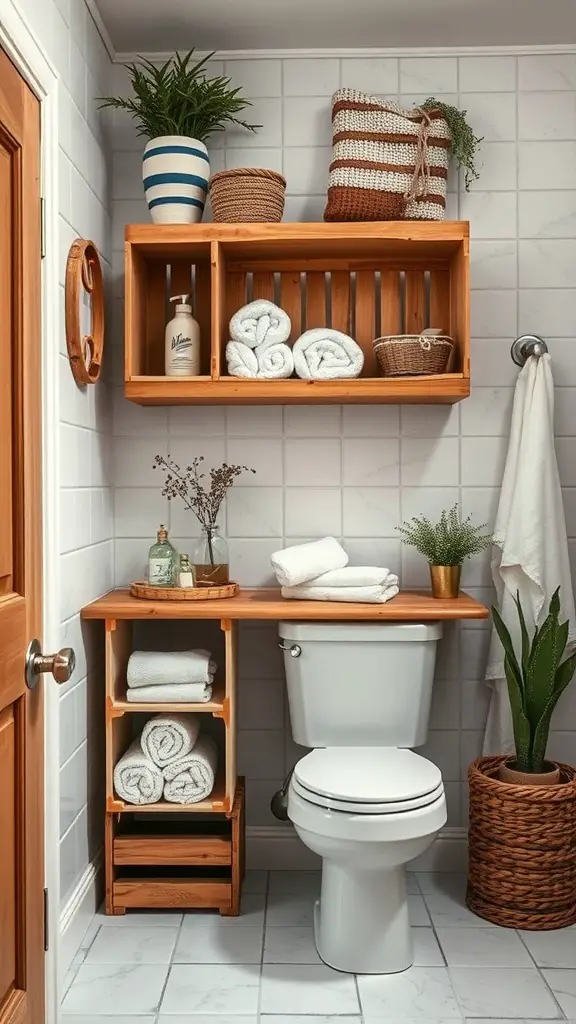 A rustic bathroom shelf made from wooden crates, displaying towels and decorative items.