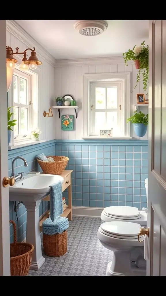 29+ Stunning Blue Bathroom Ideas You’ll Love 15 A cozy cottage-style blue bathroom with soft blue tiles, natural light, and decorative plants.