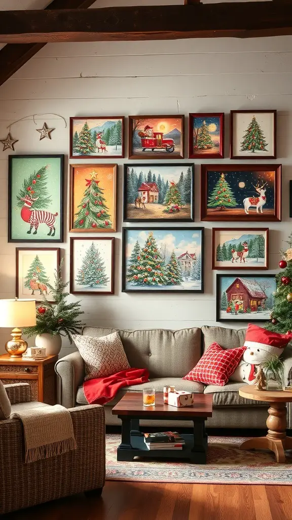 A cozy living room decorated with festive wall art featuring Christmas themes.
