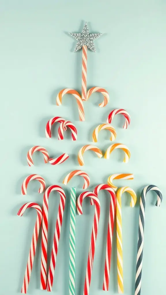 Colorful candy canes arranged in the shape of a Christmas tree with a silver star on top.