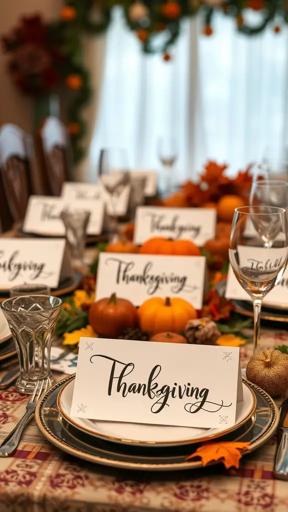 25+ Creative Thanksgiving Crafts for Adults 3 A beautifully set Thanksgiving table with place cards, pumpkins, and autumn decorations.