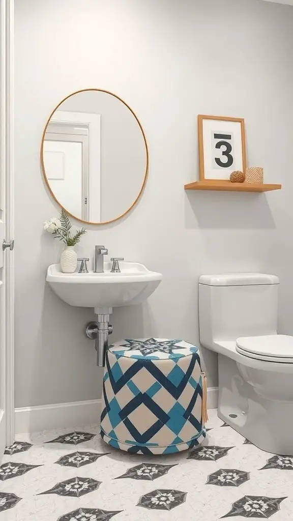 27+ Chic Bathroom Stool Styling Ideas to Elevate Your Space 15 A modern bathroom featuring a geometric patterned stool, neutral walls, and stylish decor.