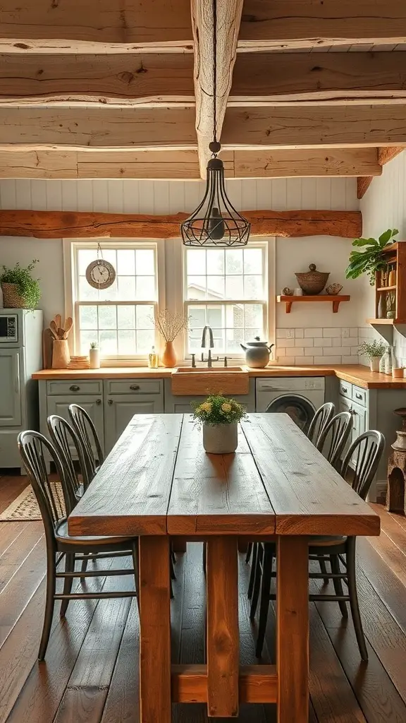 31+ Rustic Kitchen Design Ideas to Transform Your Space 12 A rustic farmhouse dining area featuring a large wooden table, black chairs, and natural light from windows.