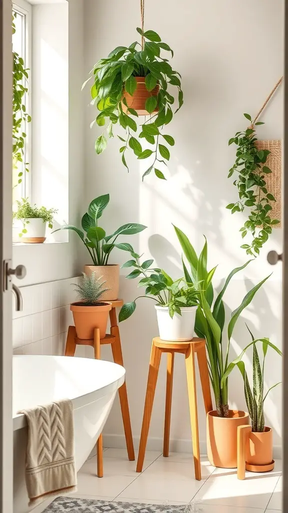 27+ Creative Plant Display Ideas to Transform Your Bathroom 4 A bright bathroom corner with various plants displayed on wooden stands and hanging from the ceiling.