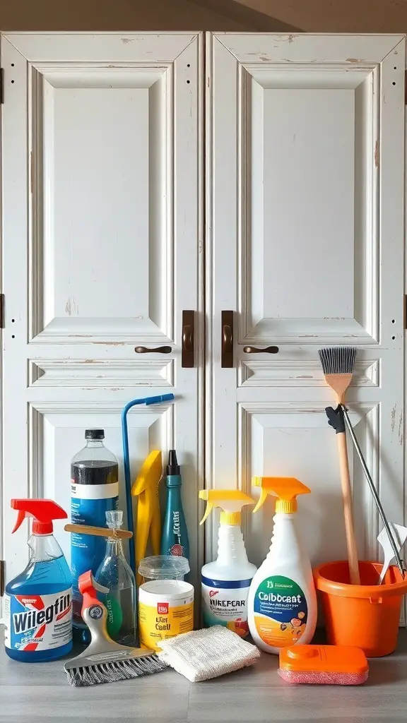 25+ Stunning Antique White Kitchen Cabinets for Timeless Style 12 Cleaning supplies arranged in front of antique white kitchen cabinet doors