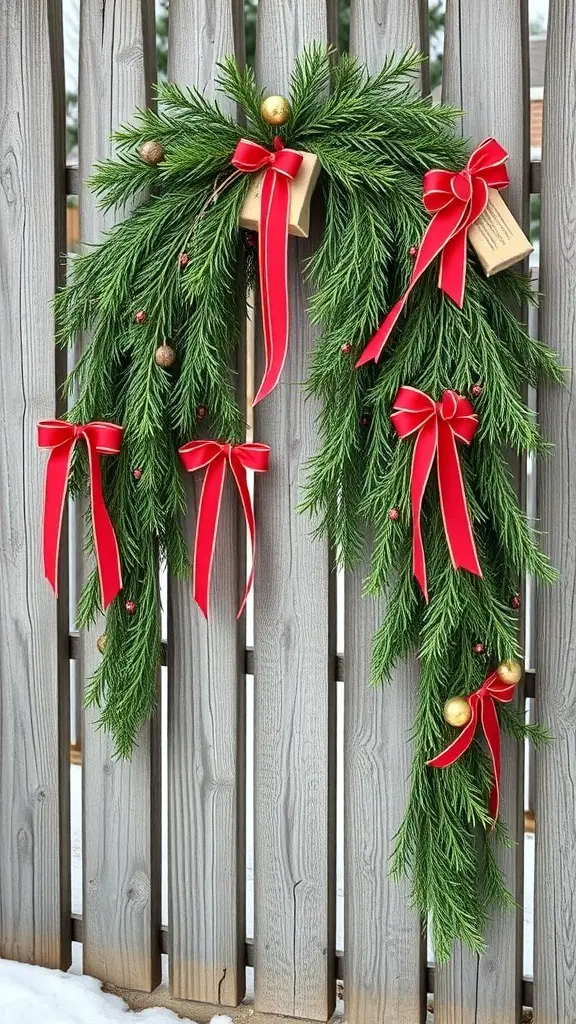 A beautiful cedar and pine bough swag decorated with red ribbons and gold ornaments, hanging against a wooden fence.