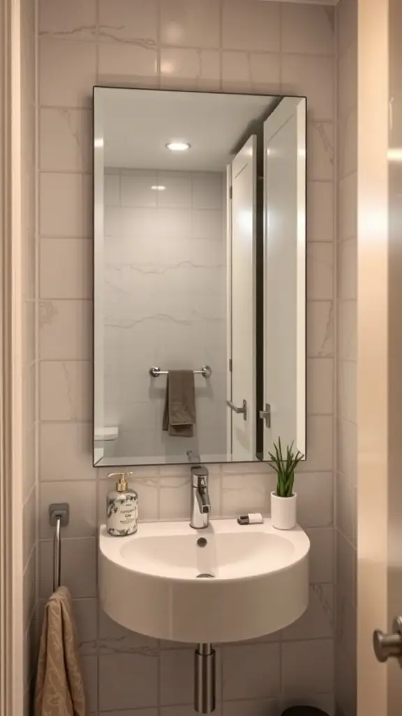 A small bathroom featuring a sleek square mirror above a modern sink, with light-colored tiles and minimal decor.