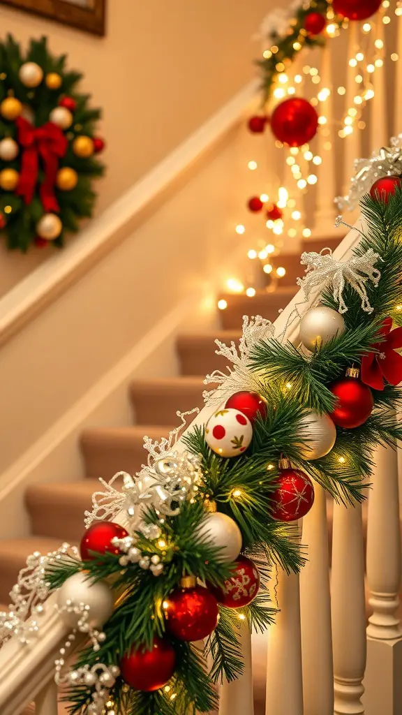 27+ Creative Indoor Christmas Railing Decor Ideas 16 A beautifully decorated staircase railing with red and white ornaments, greenery, and twinkling lights.