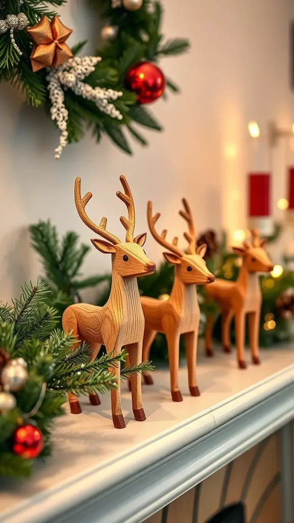 Wooden reindeer figurines on a mantel with Christmas decorations