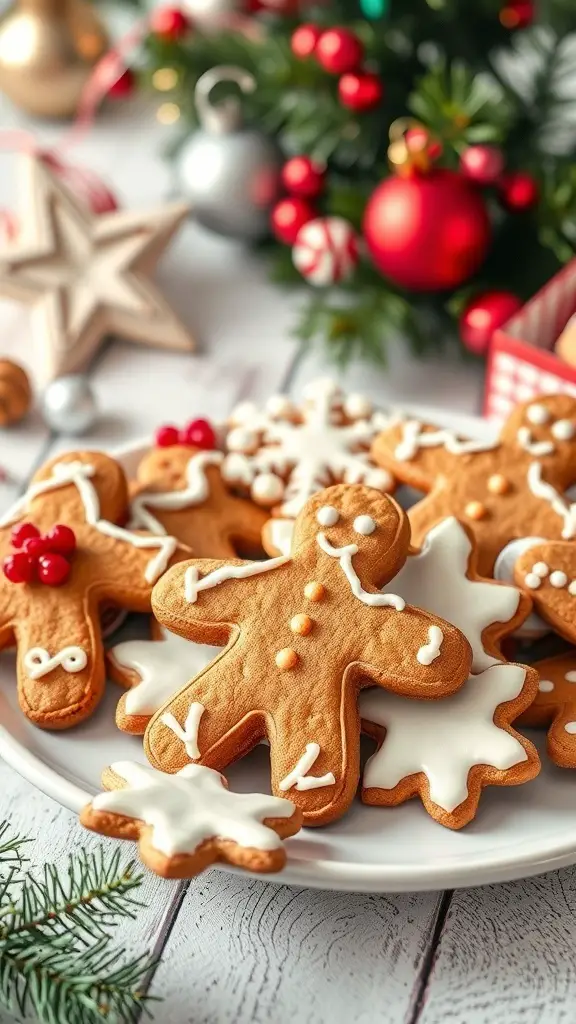 27+ Delightful Thanksgiving Desserts You Need to Try 3 A plate of decorated gingerbread cookies including gingerbread men and snowflakes, surrounded by holiday decorations.