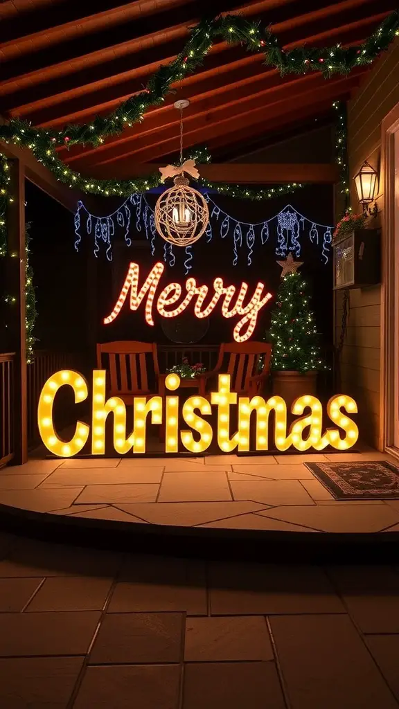 A cozy patio decorated with a glowing 'Merry Christmas' sign, string lights, and a small Christmas tree.