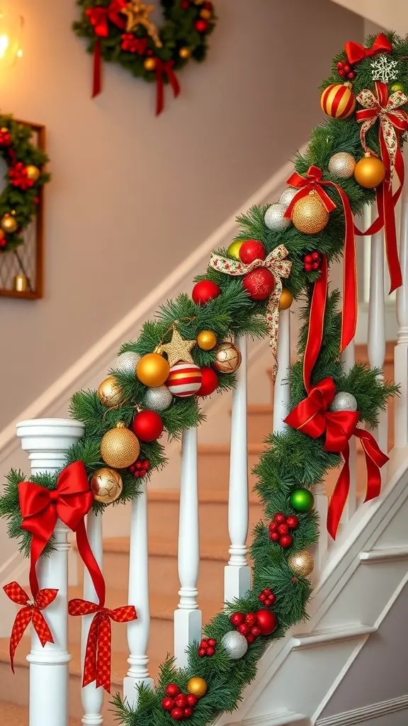 25+ Creative Christmas Staircase Decor Ideas to Transform Your Home 9 A beautifully decorated staircase banister with garland, ornaments, and ribbons for Christmas.