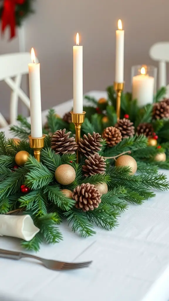 A cozy Christmas centerpiece featuring candles, pinecones, and ornaments.