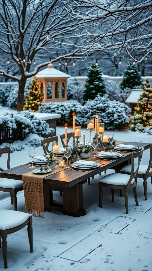 A beautifully set outdoor table in a snowy landscape with candles and greenery.