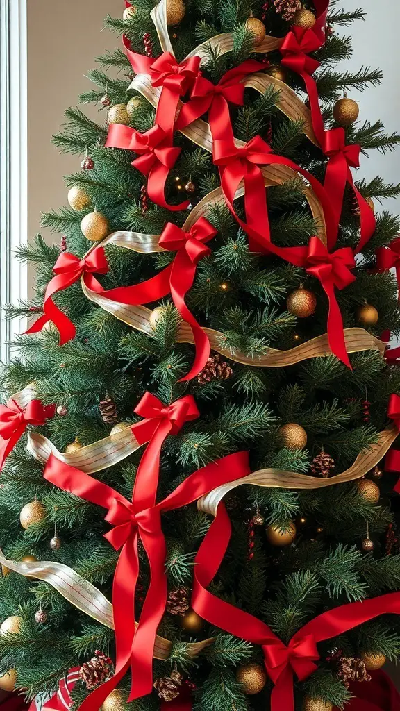 A beautifully decorated Christmas tree featuring red ribbons, gold ornaments, and white accents.