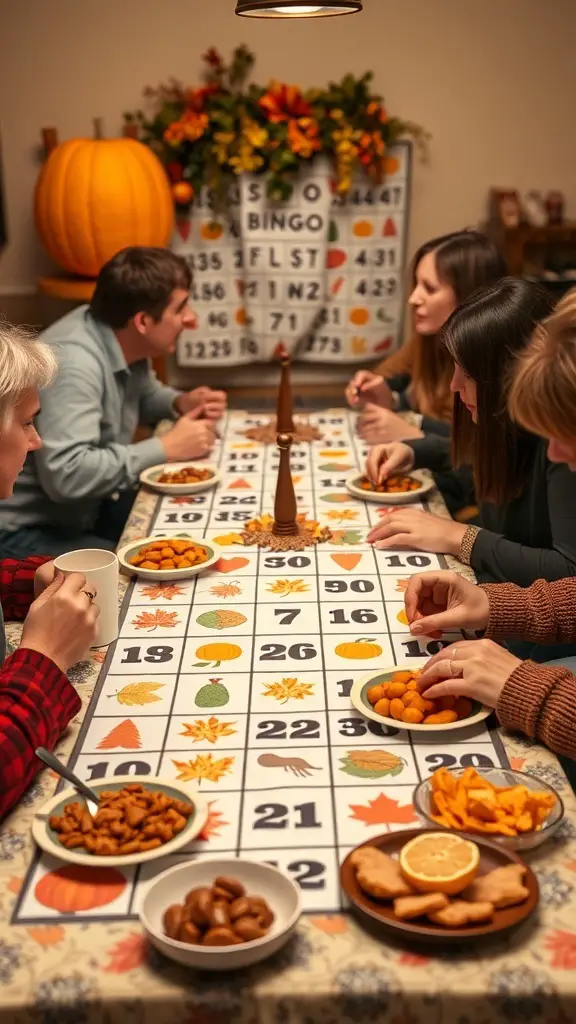 A group of people playing Thanksgiving Bingo at a table with snacks and autumn decorations.