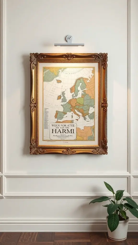 A vintage map framed in an ornate gold frame, displayed on a wall with a plant nearby.