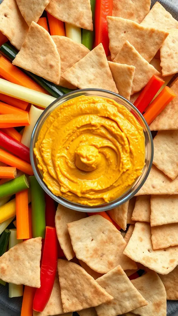 29+ Delicious Thanksgiving Appetizers to Impress Your Guests 7 A bowl of pumpkin hummus surrounded by pita chips and colorful vegetable sticks.