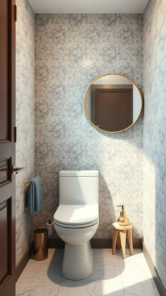 29+ Stunning Half Bath Wallpaper Ideas to Transform Your Space 14 A half bath featuring sophisticated textured vinyl wallpaper with a floral pattern, a round mirror, and modern fixtures.