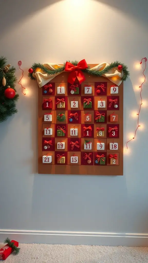 Colorful advent calendar with wrapped boxes and festive decorations
