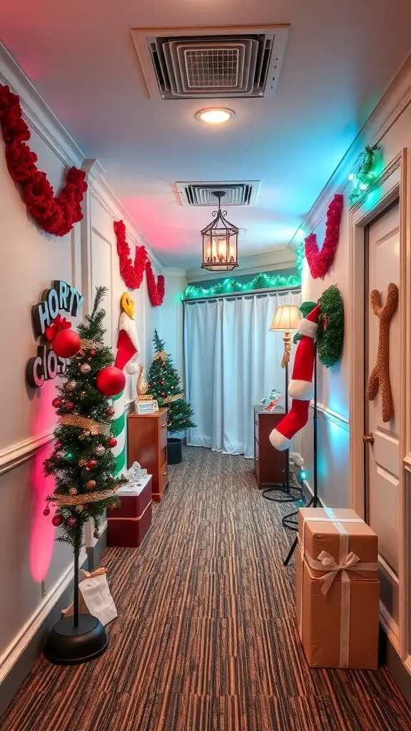 27+ Festive Christmas Hallway Ideas to Transform Your Home 15 A festive hallway decorated for Christmas with trees, garlands, and colorful lights.