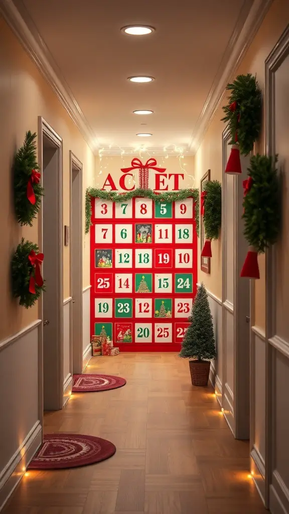 27+ Festive Christmas Hallway Ideas to Transform Your Home 12 A festive hallway featuring a large interactive advent calendar with colorful doors, surrounded by holiday decorations.