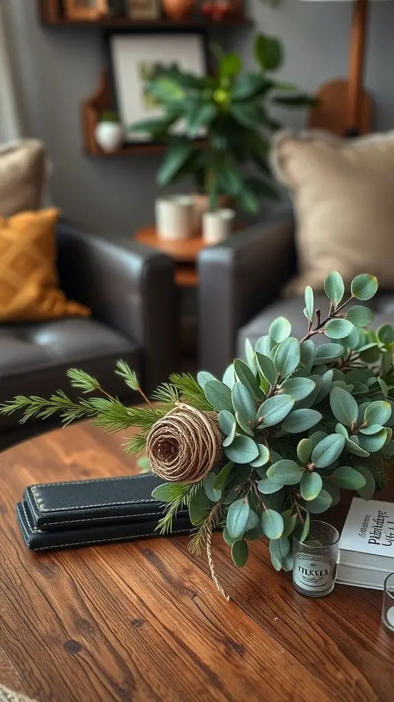 A cozy coffee table decorated with greenery and a rustic touch.