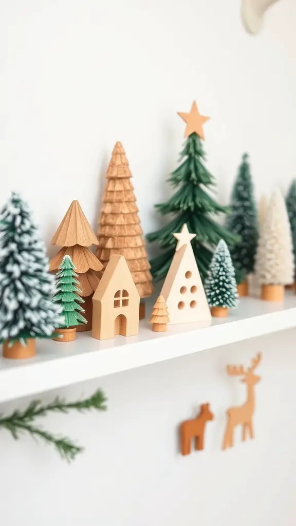 A collection of handcrafted wooden Christmas decorations including trees, houses, and animals on a shelf.