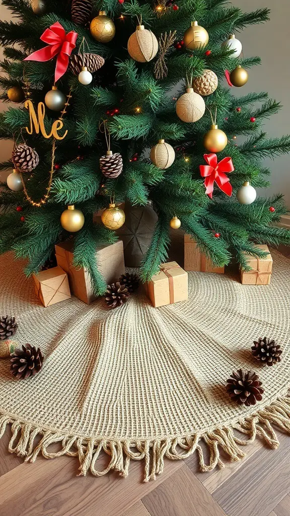 23+ Unique Christmas Tree Skirt Ideas for a Festive Touch 14 A nature-inspired Christmas tree skirt with a woven texture, surrounded by pinecones and gift boxes.