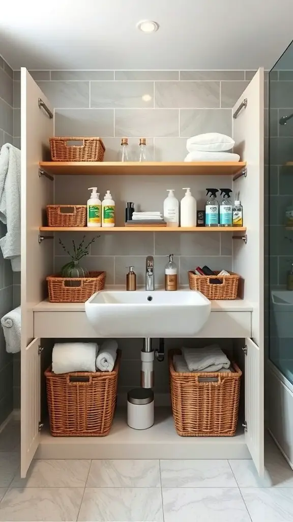 27+ Creative Bathroom Vanity Storage Ideas for an Organized Space 9 A stylish under-sink storage solution featuring open shelves with baskets and neatly arranged towels.