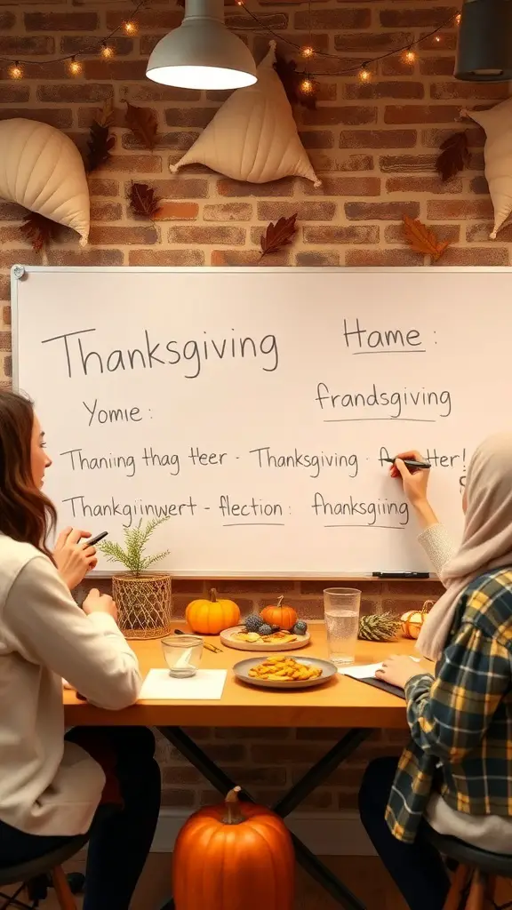 Two people playing Thanksgiving Pictionary with a whiteboard and festive decorations