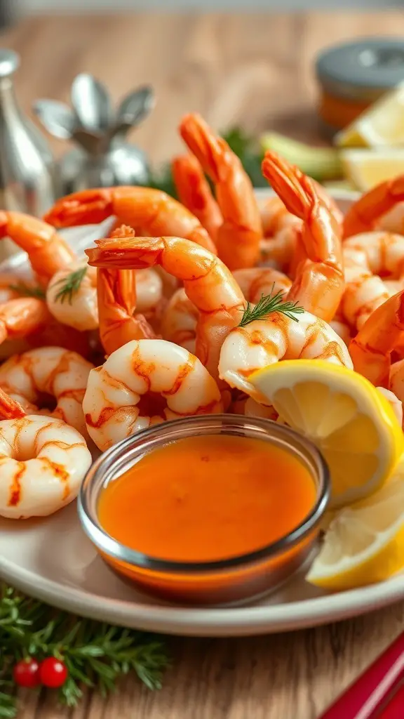 A plate of shrimp cocktail with zesty sauce and lemon wedges.