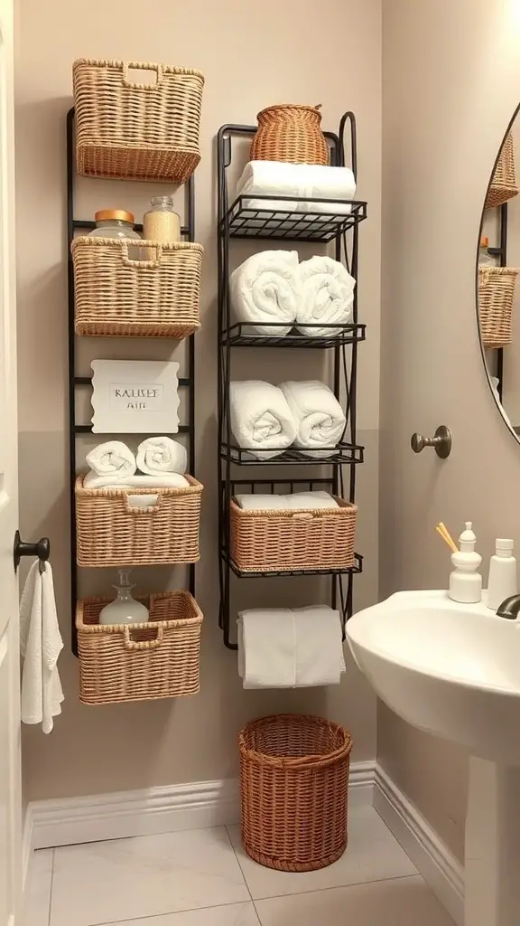 25+ Stylish Bathroom Wall Basket Ideas for Every Space 9 Multi-tiered wall basket organizer in a bathroom, featuring woven baskets and neatly arranged towels.
