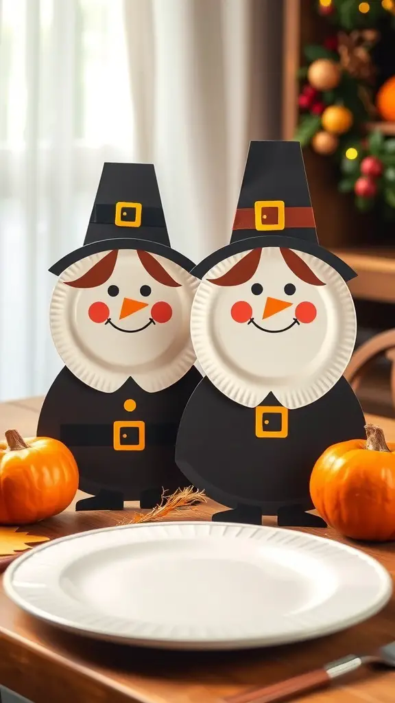 27+ Creative Thanksgiving Crafts for Preschoolers 3 Two paper plate pilgrims with cheerful faces, placed on a table with pumpkins.