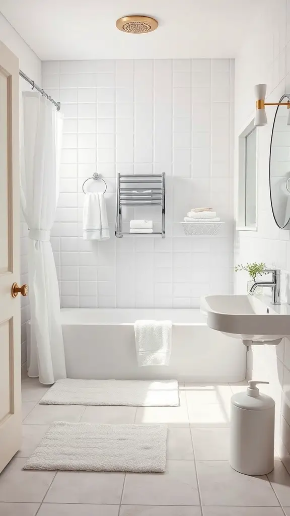 25+ Chic White Bathroom Ideas for a Timeless Look 14 A bright and clean white bathroom featuring white accessories like towels and bath mats.