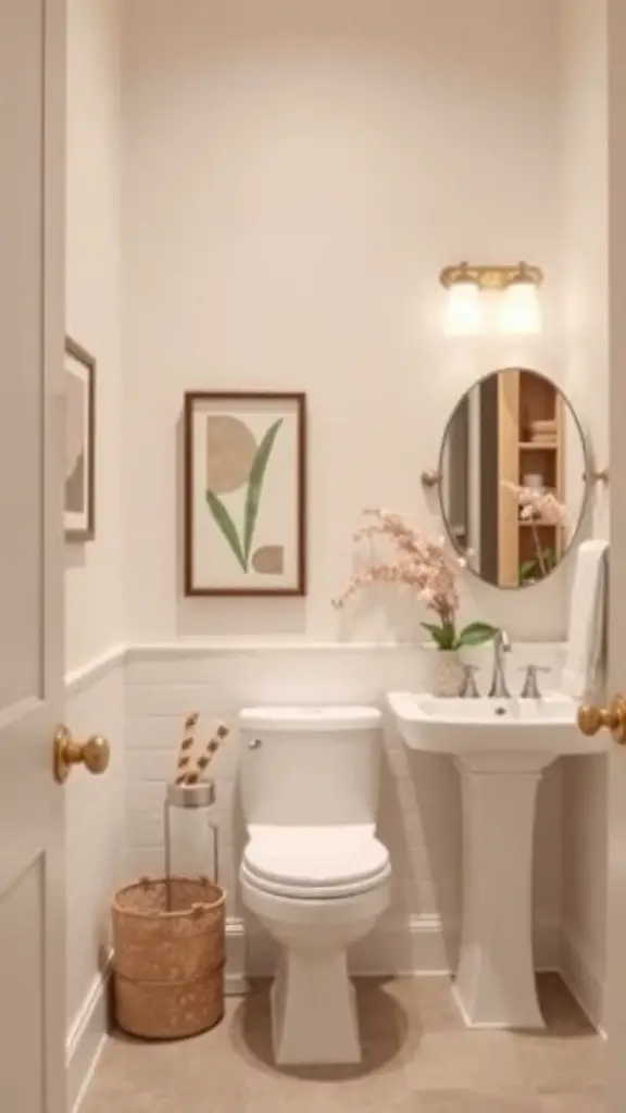 23+ Chic Neutral Toned Bathroom Ideas for a Serene Space 10 A neutral-toned bathroom featuring simple decor and artwork.