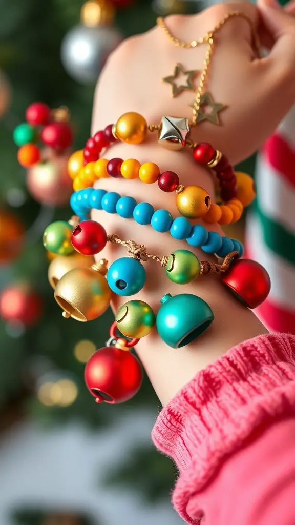 Colorful jingle bell bracelets on a child's wrist