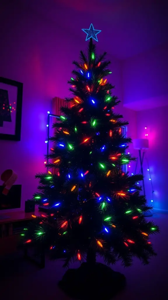27+ Stunning Black Christmas Tree Ideas to Elevate Your Holiday Decor 7 A black Christmas tree adorned with colorful lights and a star on top, set against a softly lit room.
