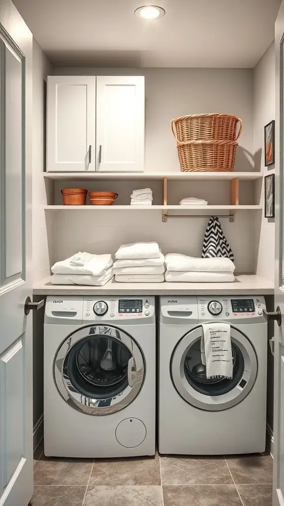 Small laundry room with a folding station above the washer and dryer, featuring shelves and organized storage.