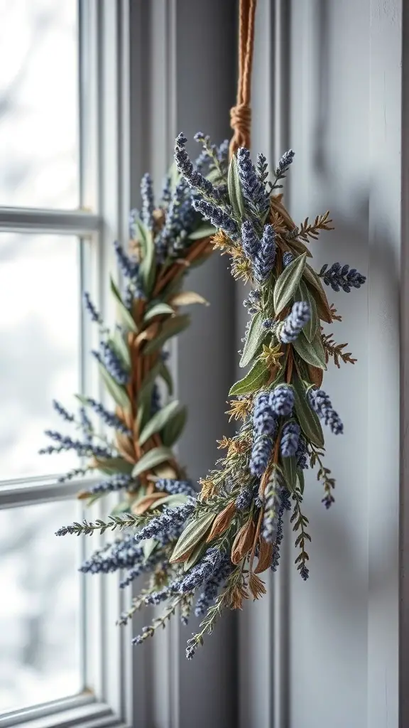 A wreath made of lavender and sage hanging by a window.