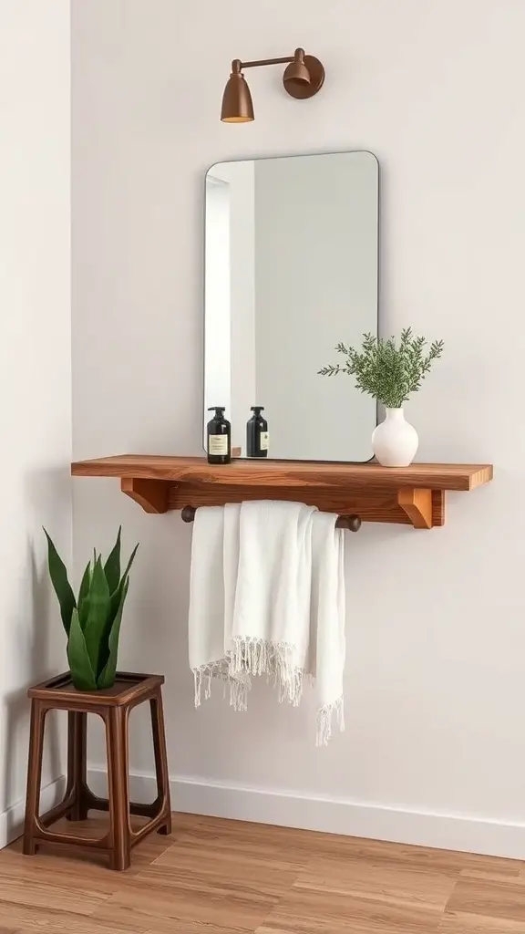 Rustic bathroom shelf with built-in towel rack, mirror, and plant