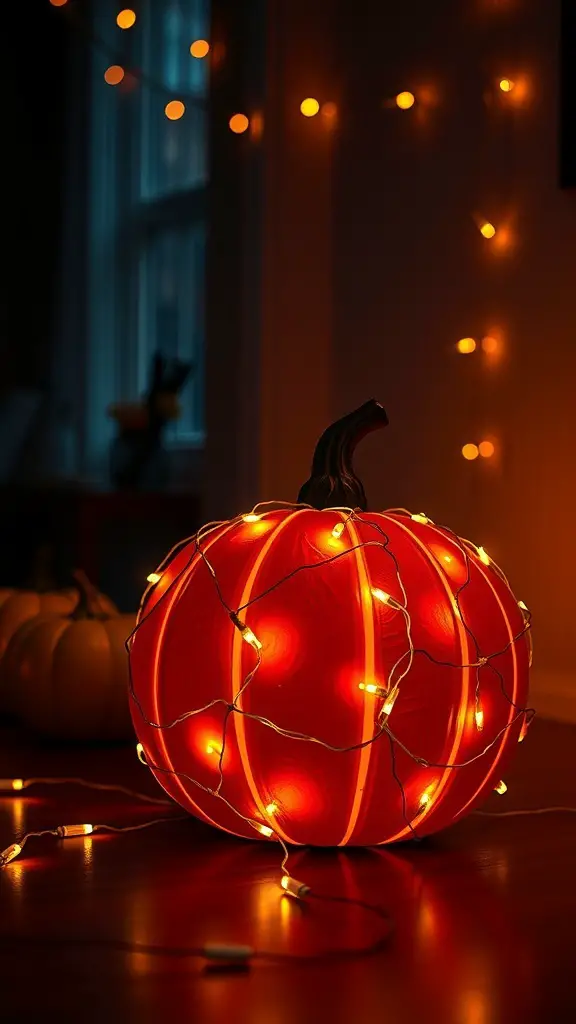 A glowing pumpkin wrapped in string lights, creating a festive atmosphere.