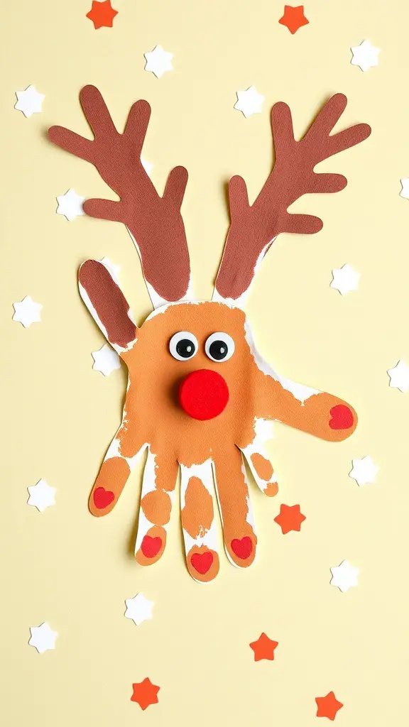 A festive reindeer handprint art made with a brown handprint, red pom-pom nose, googly eyes, and cut-out antlers, surrounded by colorful stars.