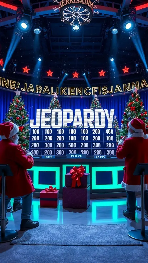A festive Christmas Jeopardy game setup with a large board and players in Santa suits.