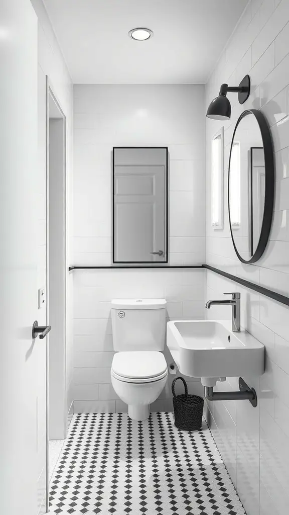 29+ Stunning Vertical Mirror Ideas to Transform Your Narrow Bathroom 15 A minimalist black and white bathroom featuring two mirrors, a sleek sink, and stylish flooring.