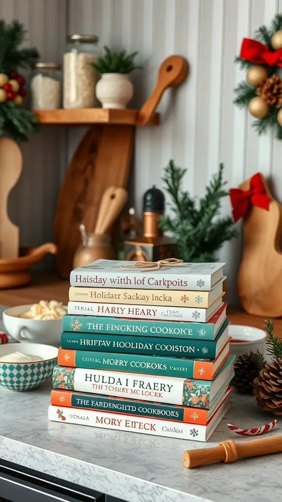 A stack of holiday-themed cookbooks on a countertop, surrounded by festive decor.